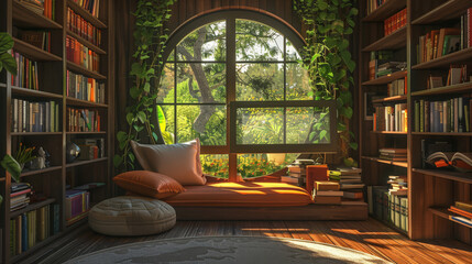 Virtual book club meeting with an author interview, cozy reading nook - obrazy, fototapety, plakaty
