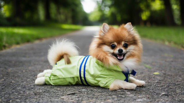 images of a Pomeranian on the street. Spring Green Street.  AI Generation.