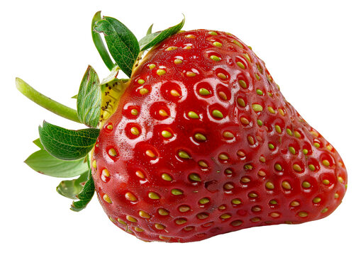 A red strawberry with green leaves - stock png.