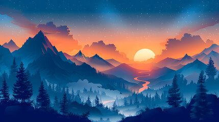 A serene mountain landscape at sunset, featuring silhouetted pine trees against a starry twilight sky with a meandering river