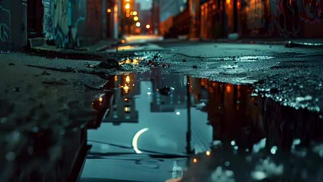 A puddle in a dimly lit alleyway with a crescent moon overhead and the impression of a city skyline reflected in the water. . .