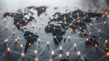 An intricate global network visualization with glowing nodes and connections superimposed on a dark, detailed world map, emphasizing international communication links - obrazy, fototapety, plakaty