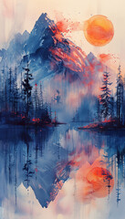 watercolor paint style,watercolor painting, snow mountain, lake, sunset, grassland