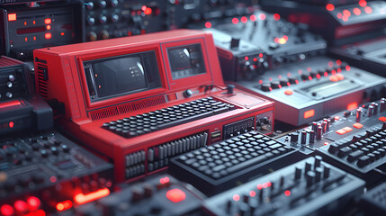 Close-up view of vintage red sound mixing equipment with illuminated buttons and detailed textures, evoking a sense of nostalgia and high-quality sound engineering - obrazy, fototapety, plakaty