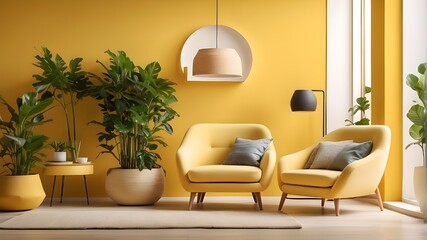 "An empty modern living room interior design featuring a cozy armchair, stylish lamp, and vibrant plants against a sunny yellow wall backdrop. The armchair, with its inviting cushions and sleek design