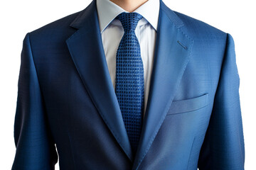 A man in a blue suit and white shirt is wearing a blue tie, cut out - stock png.