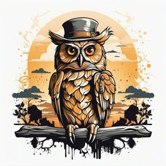 the brown owl with hat, Vektor Stok Wild Owl Forest Vector - obrazy, fototapety, plakaty