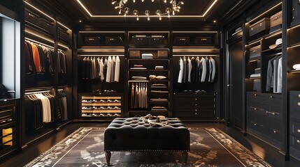 a modern black luxury walk in closet room with tufted velvet stool and carpet and clothes - obrazy, fototapety, plakaty