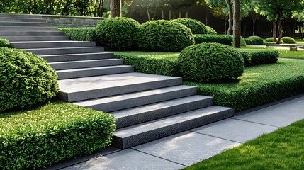 a staircase with granite stone steps in the park with a rectangular pavement and green lawns with bushes - Powered by Adobe