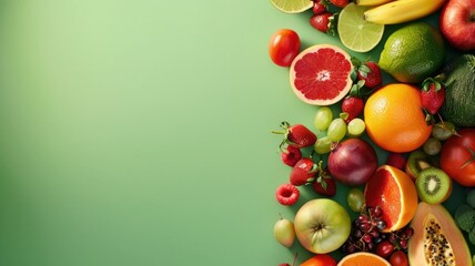 Vibrant Assortment of Colorful Fruits on Solid Green Backdrop with Copy Space for Design or Branding