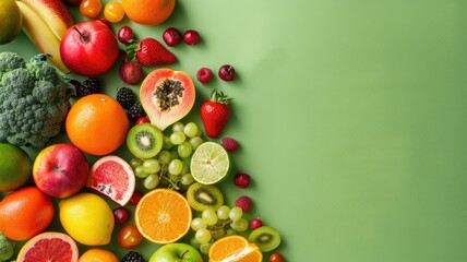 Vibrant Assortment of Fresh Fruits and Vegetables on a Solid Green Backdrop with Copy Space