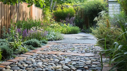 Beach pebbles square cut flagstone and brick landscape pavers and simple plantings provide ample texture and contrast in this small contemporary backyard garden