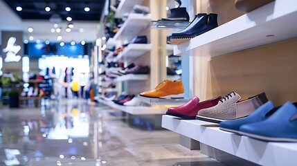 bright and fashionable interior of shoe store in modern mall - obrazy, fototapety, plakaty