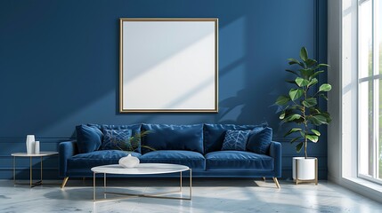 Frame mockup in home interior with blue sofa marble table and tiffany blue wall decor in living room