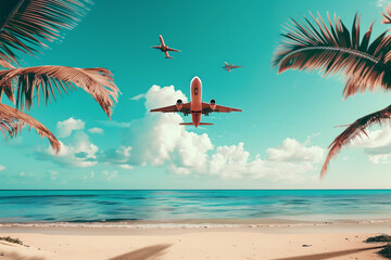 Flight to Paradise: Airplane Descending on Tropical Beach