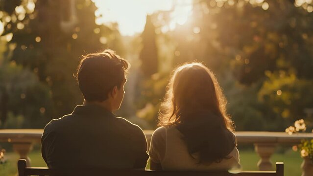 A man and a woman sit on a bench in the garden both facing away from the camera. They seem lost in thought perhaps taking a break . .