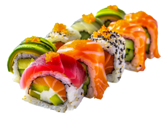 A colorful sushi roll with avocado, salmon, and cucumber, cut out - stock png.