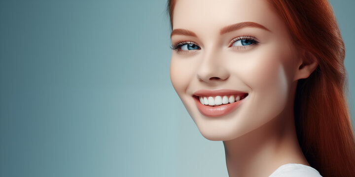 Beautiful Woman with natural make-up. Beauty Nice Face with Healthy Clean Skin and White Healthy Teeth. Teeth Whitening, Dentist Ttreatment and Dental Health, Concept. Cosmetology, Beauty and Spa