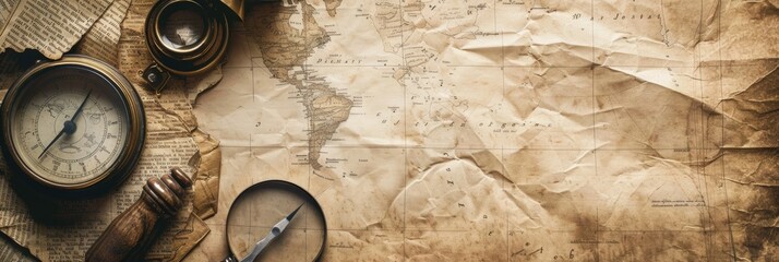 Vintage Graphic Wallpaper with Navigational Instruments and Aged World Map for and Discovery - obrazy, fototapety, plakaty