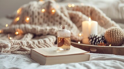 Obraz na płótnie Canvas Liquid home fragrance stay on paper book with knit cloth sweater on wooden tray in bedroom in bed over glow christmas