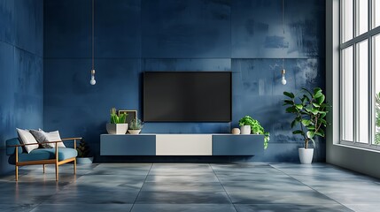 Modern interior of living room blue Tv cabinet with sofa dark blue wall and Concrete Gray tile floor