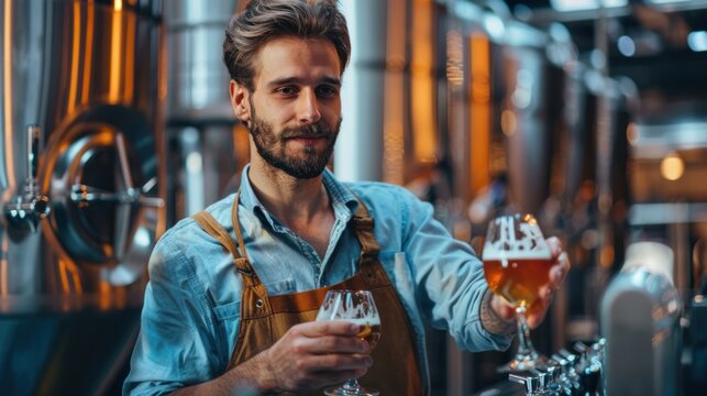 Brewer holding a glass and checking color holds quality control of craft beer. - Powered by Adobe