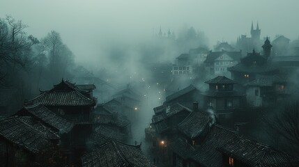 Calm composition of the image of the roofs of the old city in fog. Atmosphere of peace and tranquility. Generative AI - obrazy, fototapety, plakaty