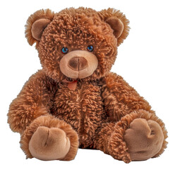 A brown teddy bear with blue eyes and a red ribbon around its neck, cut out - stock png.