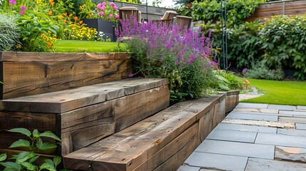 New steps in a garden or back yard leading to a raised patio alongside a new raised flowerbed made using wooden sleepers - obrazy, fototapety, plakaty