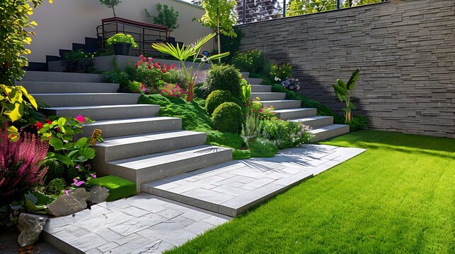 Neat and tidy garden with granite wall and solid block steps