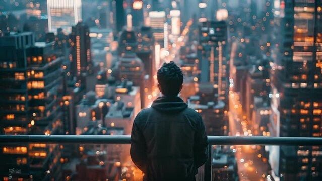 A man standing on a balcony gazing out at a bustling metropolis below his back to the camera as he takes in the aweinspiring sights. . .