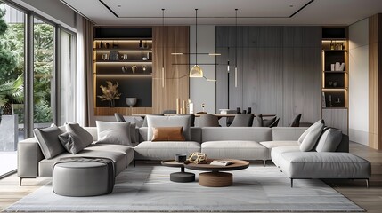 Scandinavian interior design living room with gray and beige colored furniture and wooden elements