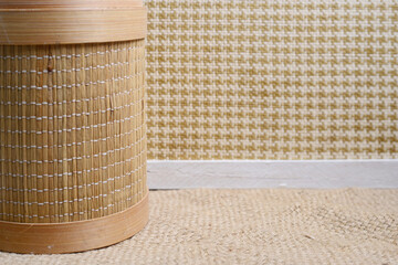 The wooden background and woven rattan give a simple, natural feel