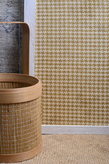 The wooden background and woven rattan give a simple, natural feel
