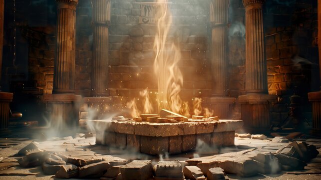 Abstract illustration of stone altar with wood burned by fire. Representation of the fire of God that came down from the heavens and burned Elijah's sacrifice.