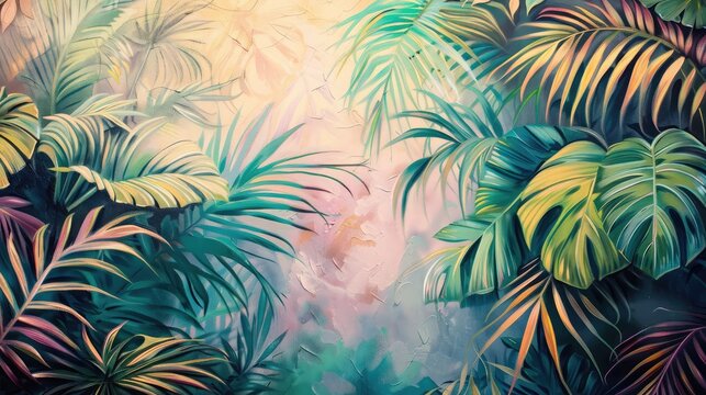 Embracing Nature's Charm, Natural Coconut Leaves on a Pastel Canvas,tylish pink and orange tropical background for fashion photography in the style of mural painting  abstract wallpaper features