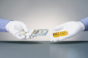 Man holding gold bar and man holding dollar banknotes. Trading gold bars. Concept financial...