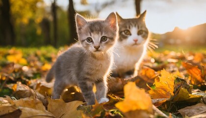 Naklejka na ściany i meble the little kitten stays near the big musky gourd cat on fallen yellow leaves in autumn