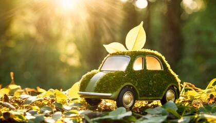 little green eco car made of mos and leaves on green background