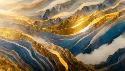 a detailed shot capturing the intricate patterns of a blue and gold marble texture resembling the swirling clouds in the sky or the waves in a mountainous landscape
