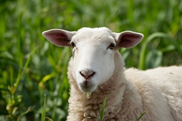 Curious sheep gazes at camera amidst lush green field backdrop