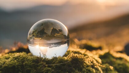 glass globe on green moss in nature concept for environment and conservation