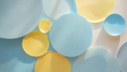 simple round shapes background in pastel blue and yellow colours fun bright colored mosaic of paper circles with shadows overlay creative conceptual template for styling and design mock up for text - obrazy, fototapety, plakaty