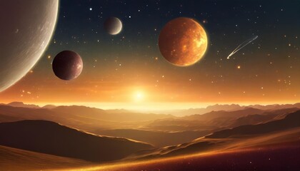 Naklejka na ściany i meble ai generated illustration of a beautiful cosmic landscape showcasing a variety of planets