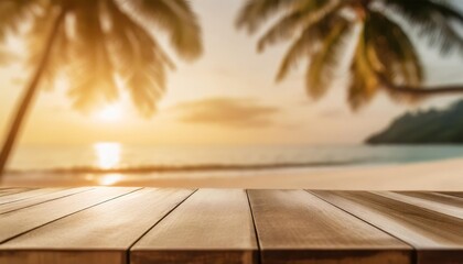 empty wooden table on a beautiful blured tropical beach background generative ai summer holiday background for product display