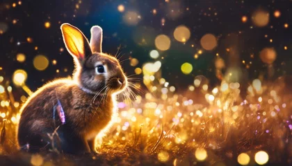 Poster rabbit sitting on dark night magic field with neon colorful lights fairy tail easter bunny creative holiday design for card banner poster with copy space © Katherine