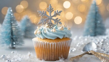 winter wonderland cupcake festive dessert with blue icing snowflake topper and bokeh background