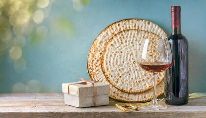 jewish holiday passover concept with wine glass matzah and gift box on wooden table over blue background