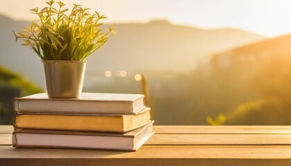 books and plant on wooden table with copy space education background