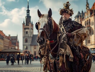 Full body shot of Traditional Lajkonik (half man, half horse in traditional costume) Cracow, Poland